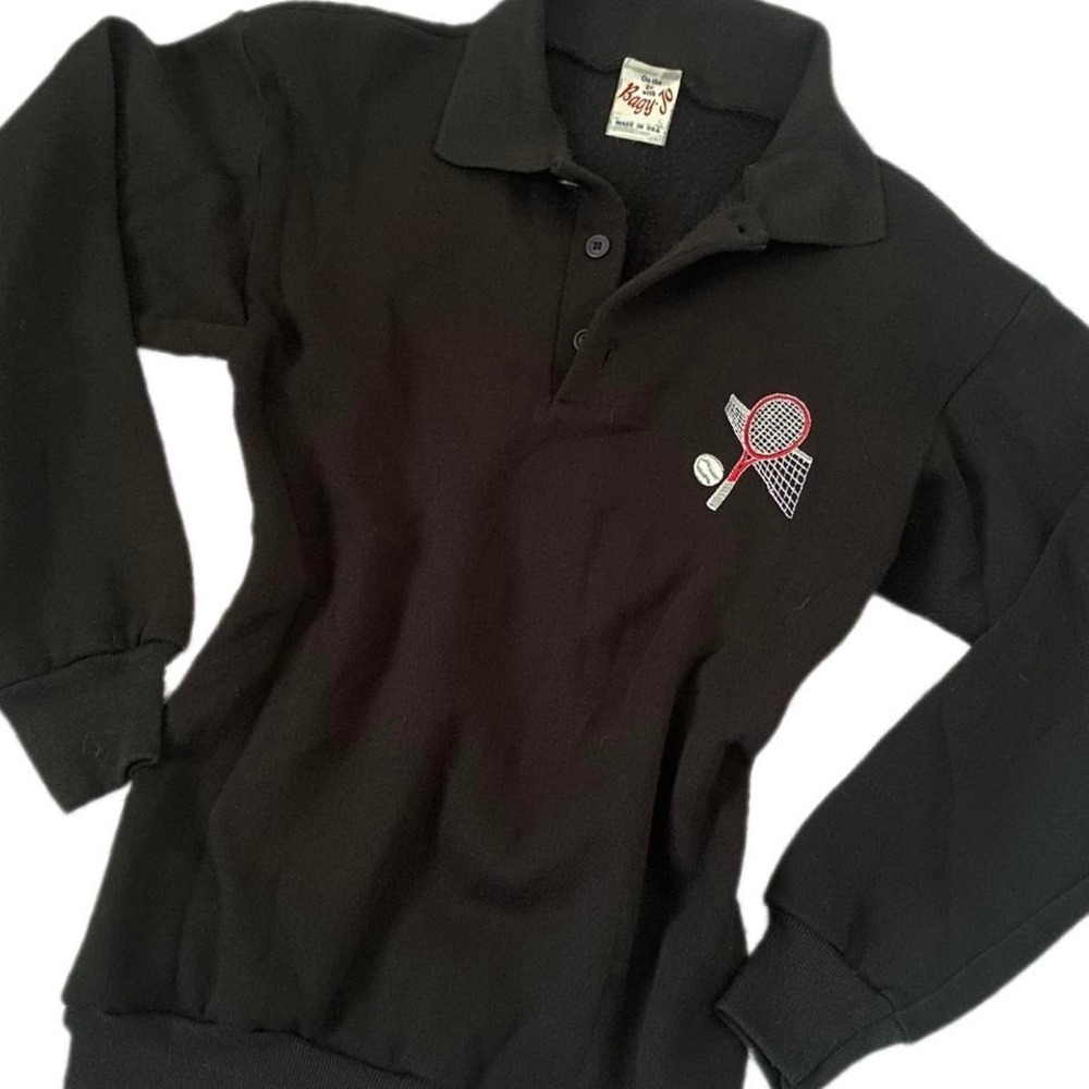 Vintage Tennis Racket Embroider Black Baggy Jo Women's Long Sleeve Polo Shirt w
